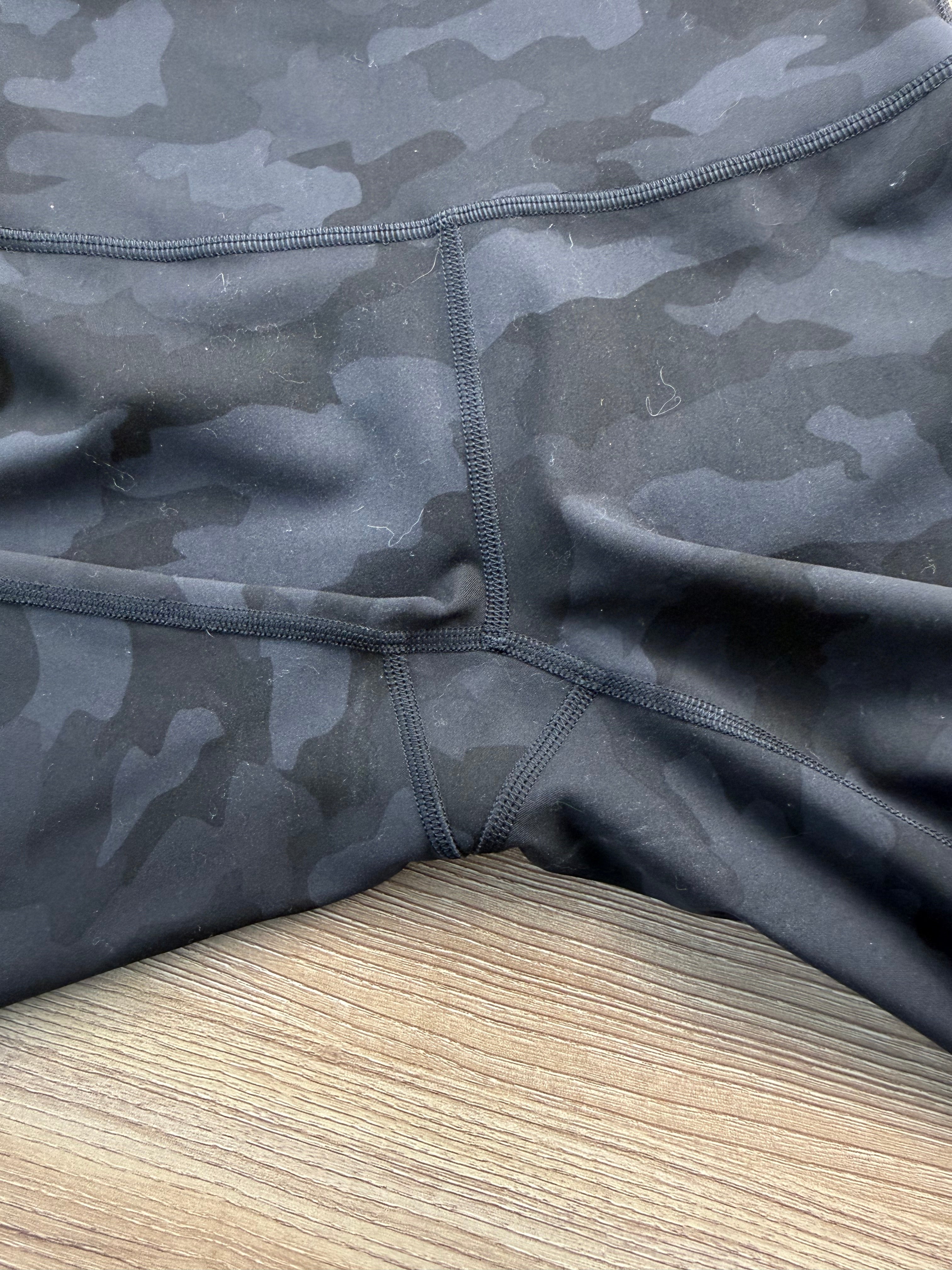 crotch of Lululemon shorts grey on black camo pattern at Blue Sparrow Shop