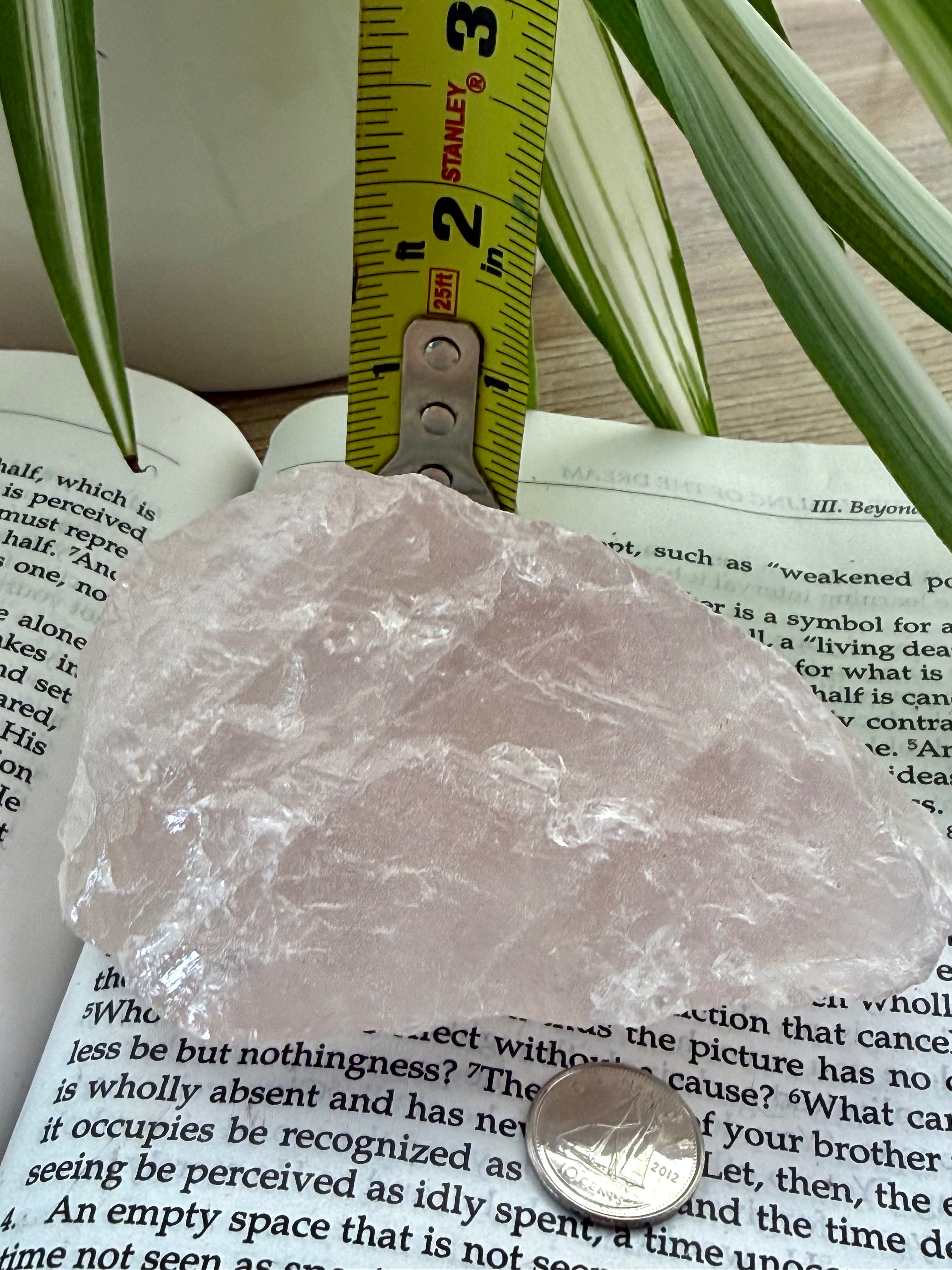 rose quartz crystal on a book with a ruler and coin for scale