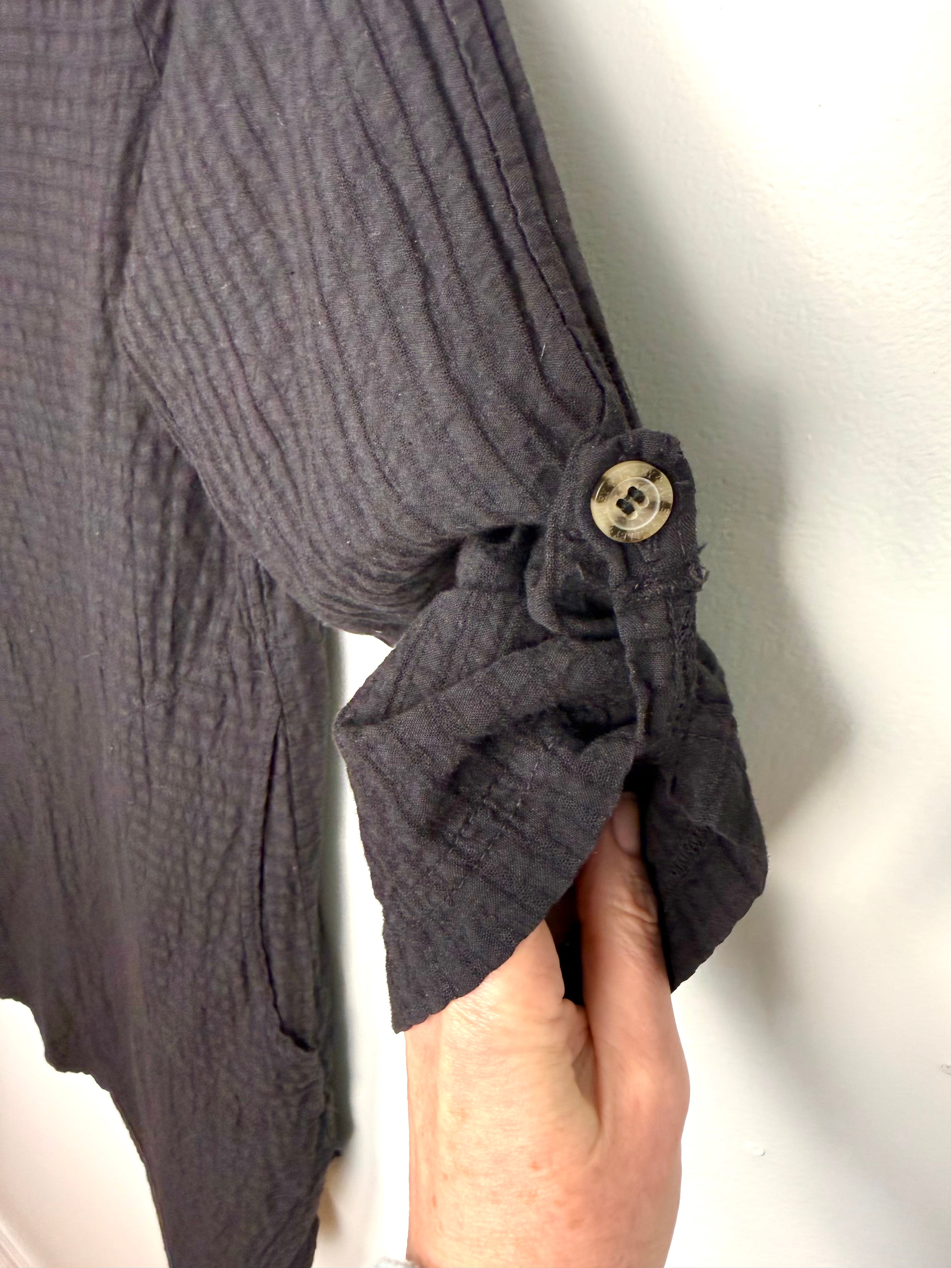 cuff detail on 100% Cotton Tilley — Made in Canada Black Gauze V-Neck Tunic, Size S/P at Blue Sparrow Shop 