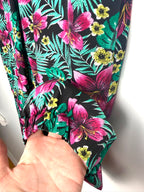cuff detail on Artisan Handmade Tropical Floral Print Loose-Leg Pants — Hibiscus & Palm | Size M / 8-10 at Blue Sparrow Shop 