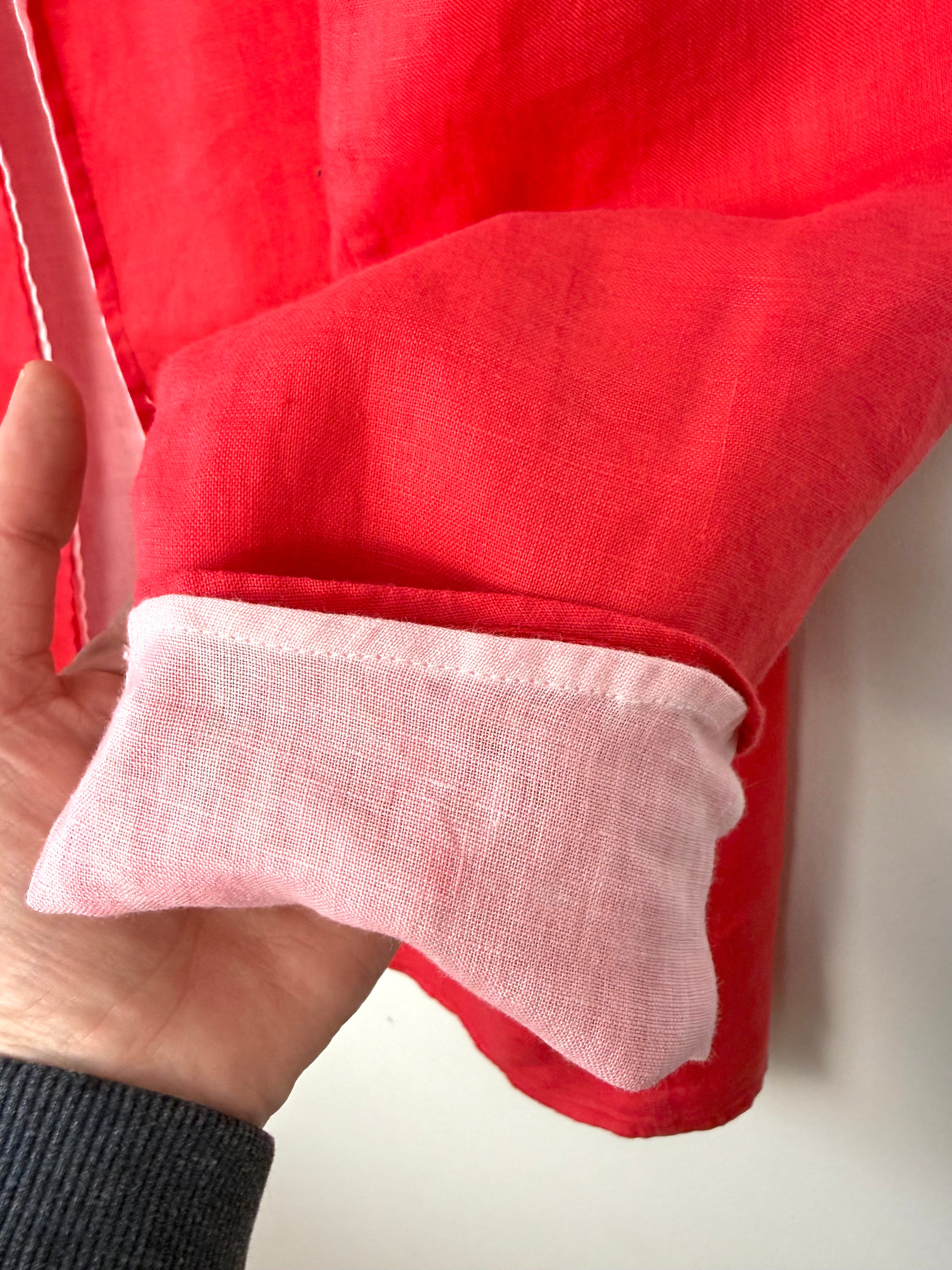 cuff detail on pink linen blazer breathable natural fibre spring layering piece