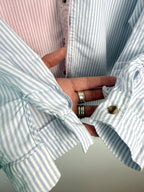 cuffs showing that one size intentionally doesn't have space for a button on 97% Cotton Y2K 80s Striped Oversized Shirt | Size L at Blue Sparrow Shop