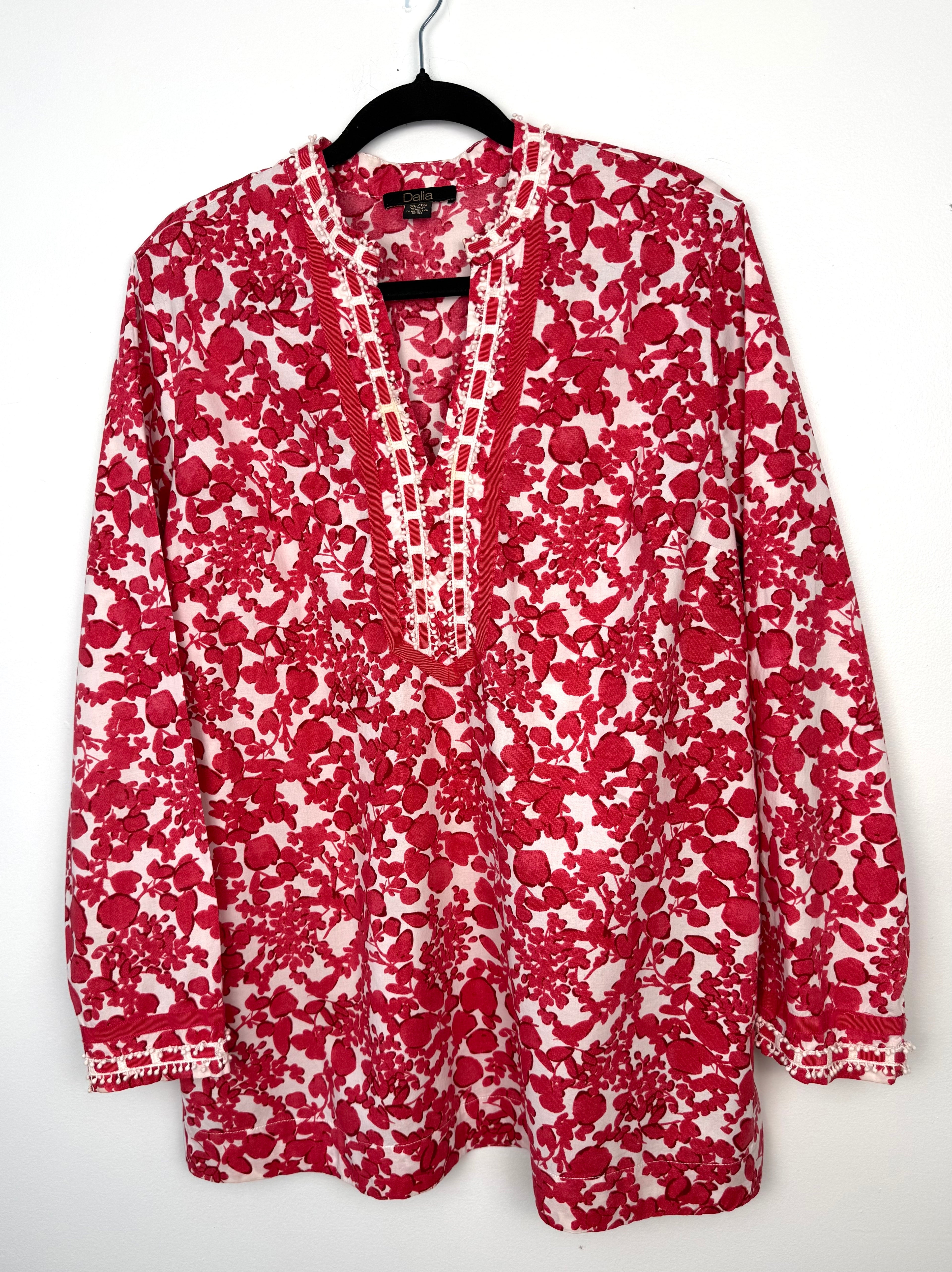 dalia red floral tunic blouse women xl