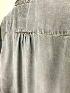 detail on back of Sandwich Denim Studio Amsterdam charcoal 100% Tencel shirt with stunning hand-applied blue crystal collar embellishment and ruffle cuff detail at Blue Sparrow Shop - looks grey but it's actually navy 