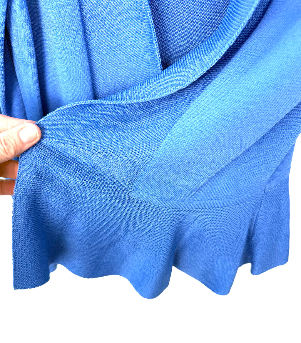 detail peplum waist of softly tailored cardigan in cornflower blue - classic look with an edge