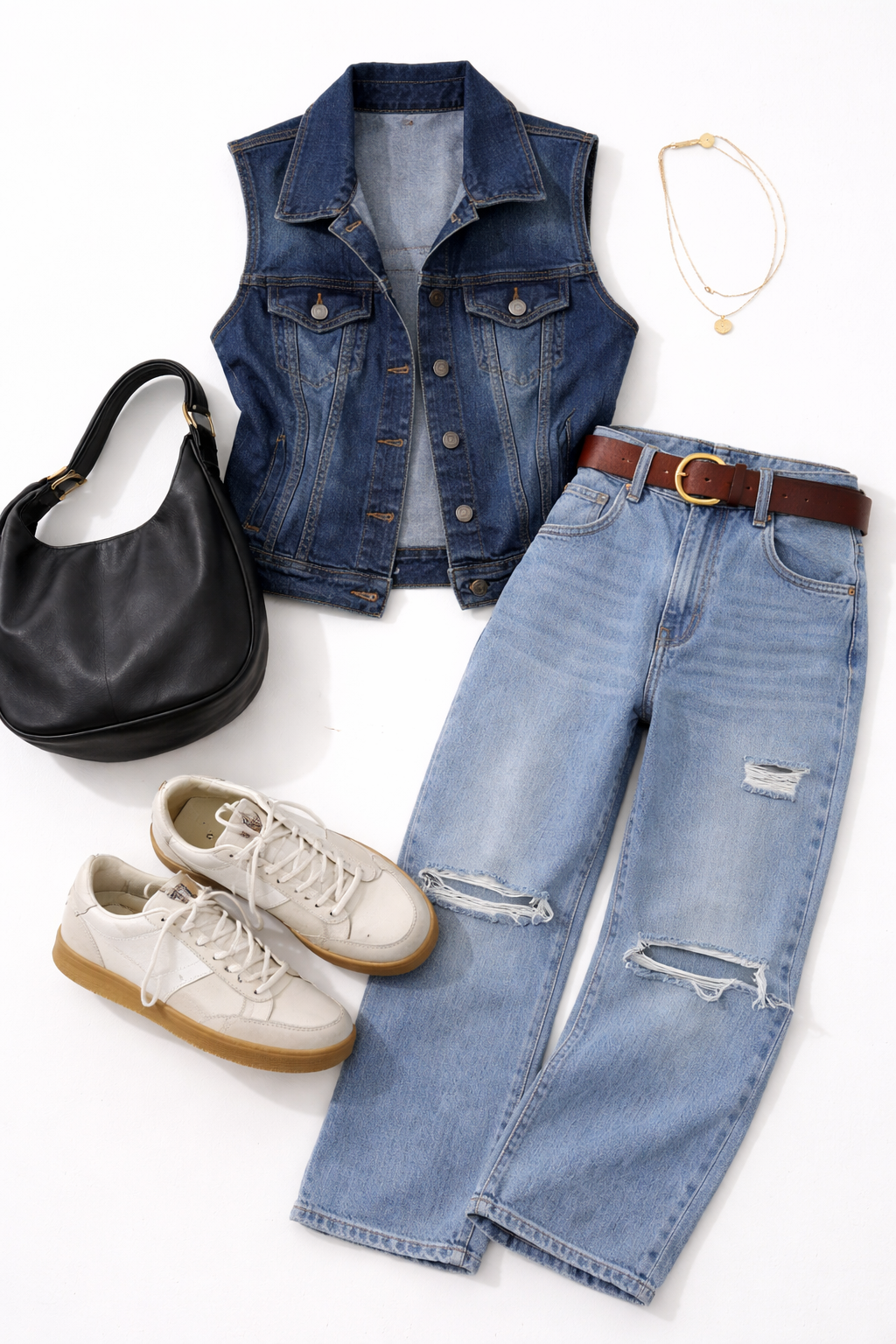 lifestyle flatlay of Dark Wash Denim Vest | Size M at Blue Sparrow Shop including jeans, vest, runners, purse