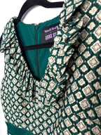 emerald green metallic geometric 60s mod dress ruffle neckline detail