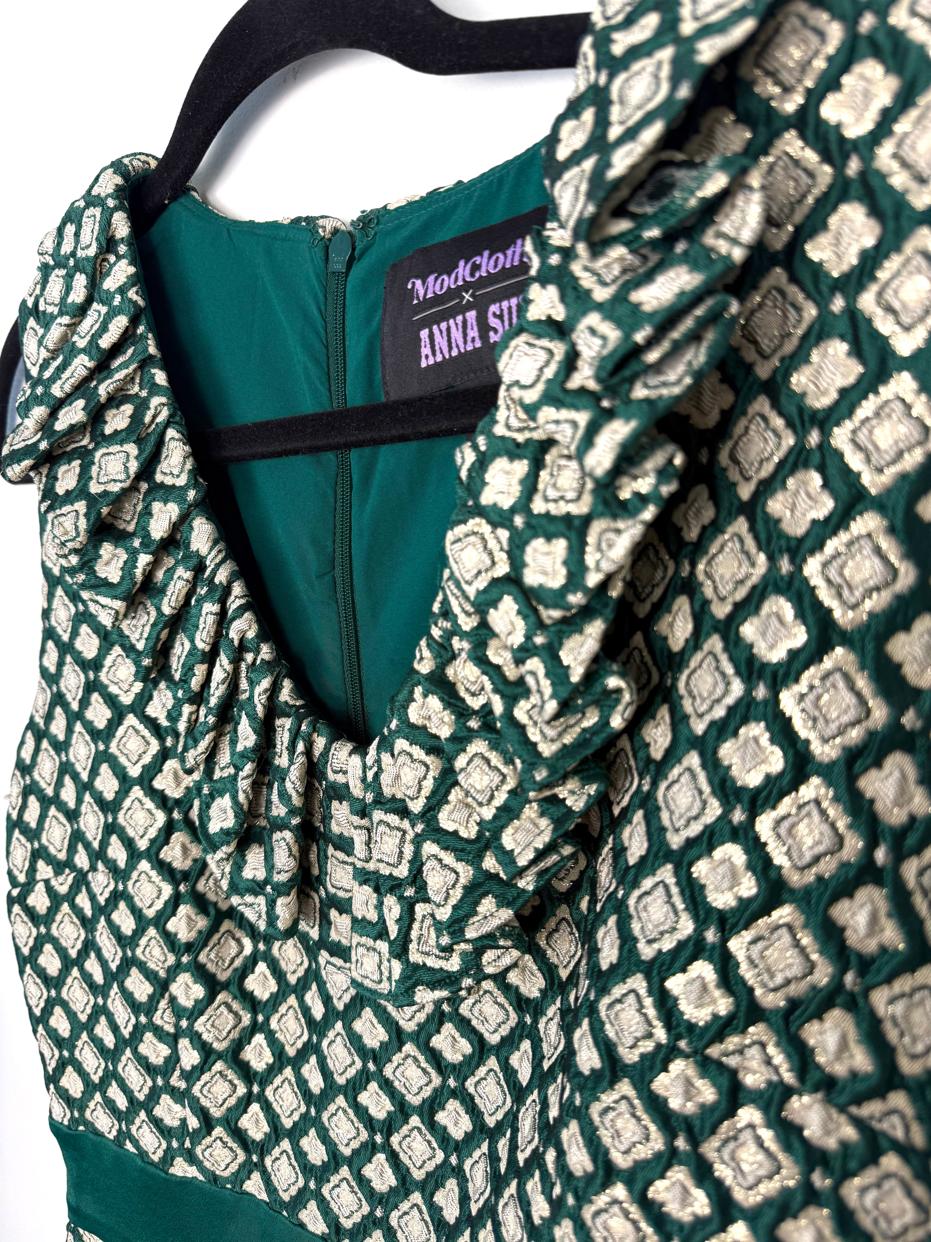 emerald green metallic geometric 60s mod dress ruffle neckline detail