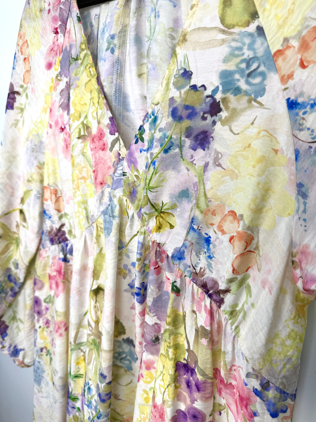 empire waist detail on Watercolour Boho Babydoll Mini Dress | Size M at Blue Sparrow Shop