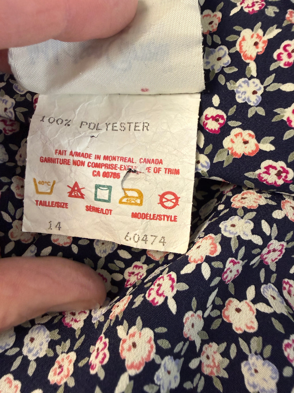 fabric label on Vintage floral print navy Jacket Made in Canada at Blue Sparrow Shop  100% polyester