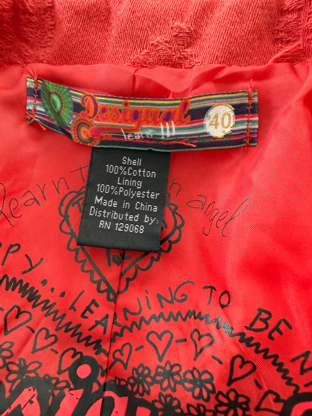 fabric tag Desigual lined jacket size 40