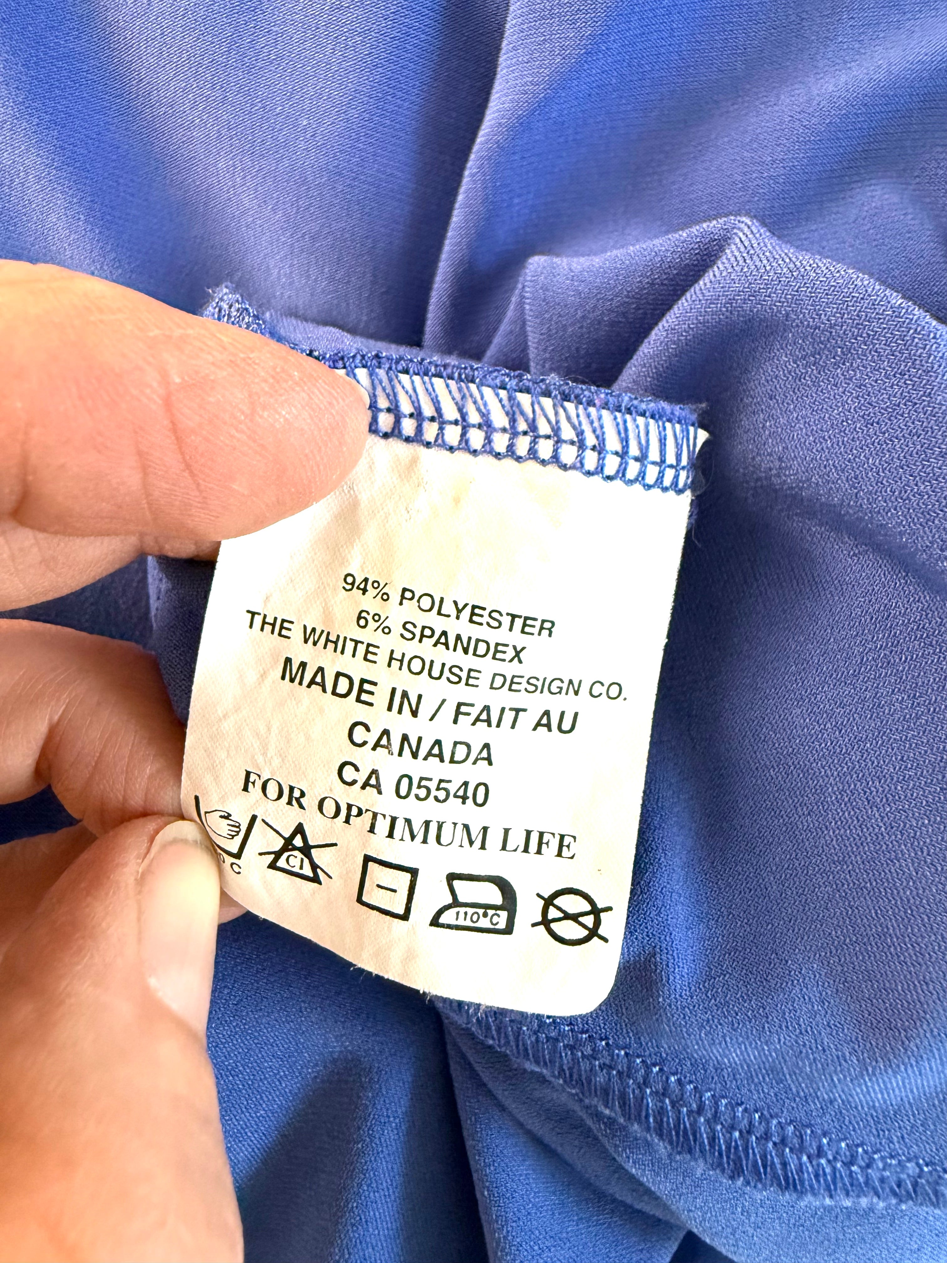 fabric tag inside Sympli Made in Canada V-Neck Empire Waist Midi Dress | Periwinkle Blue | Travel Wear | Size 10 at Blue Sparrow Shop