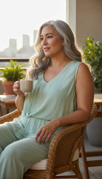 flattering drapey sleeveless top Edit by Jeanne Beker | Size M at Blue Sparrow Shop Canadian Resale Reimagined on woman drinking coffee