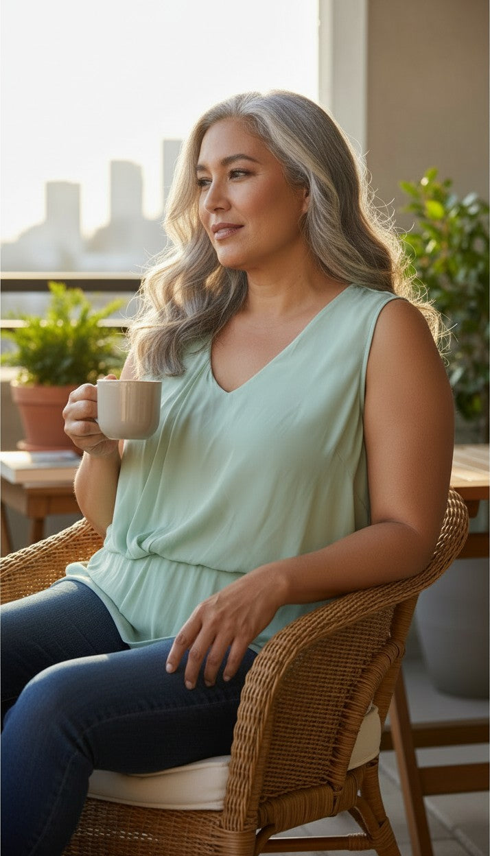 flattering drapey sleeveless top Edit by Jeanne Beker | Size M at Blue Sparrow Shop Canadian Resale Reimagined on woman drinking coffee wearing jeans