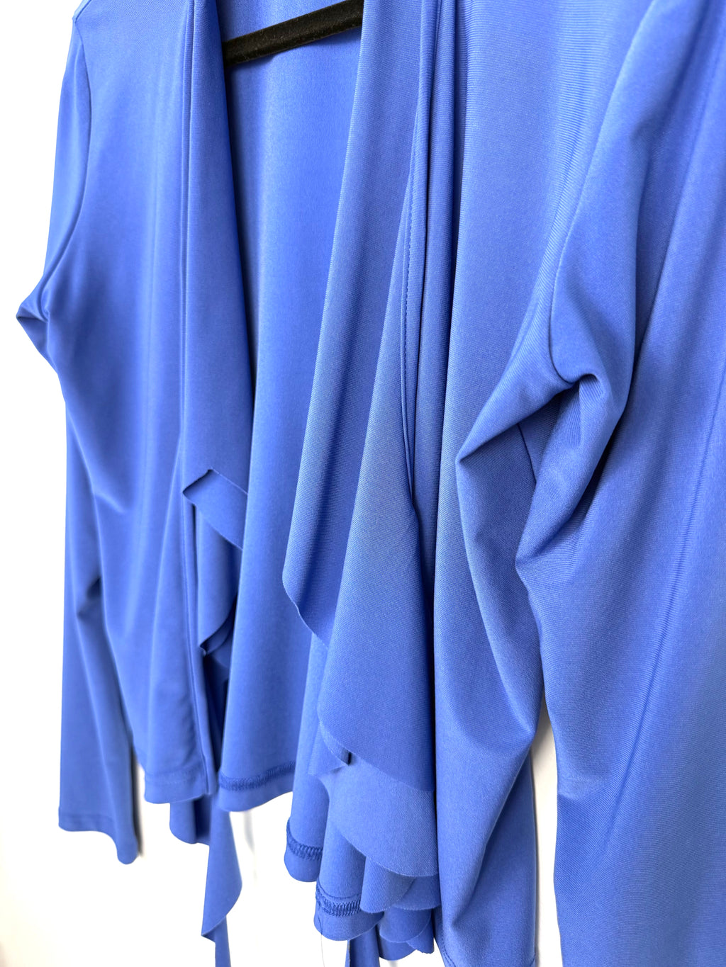 front flow of Sympli Made in Canada Waterfall Cardigan — Periwinkle Blue | Ruffle Front | Travel Wear | Size 8 at Blue Sparrow Shop 