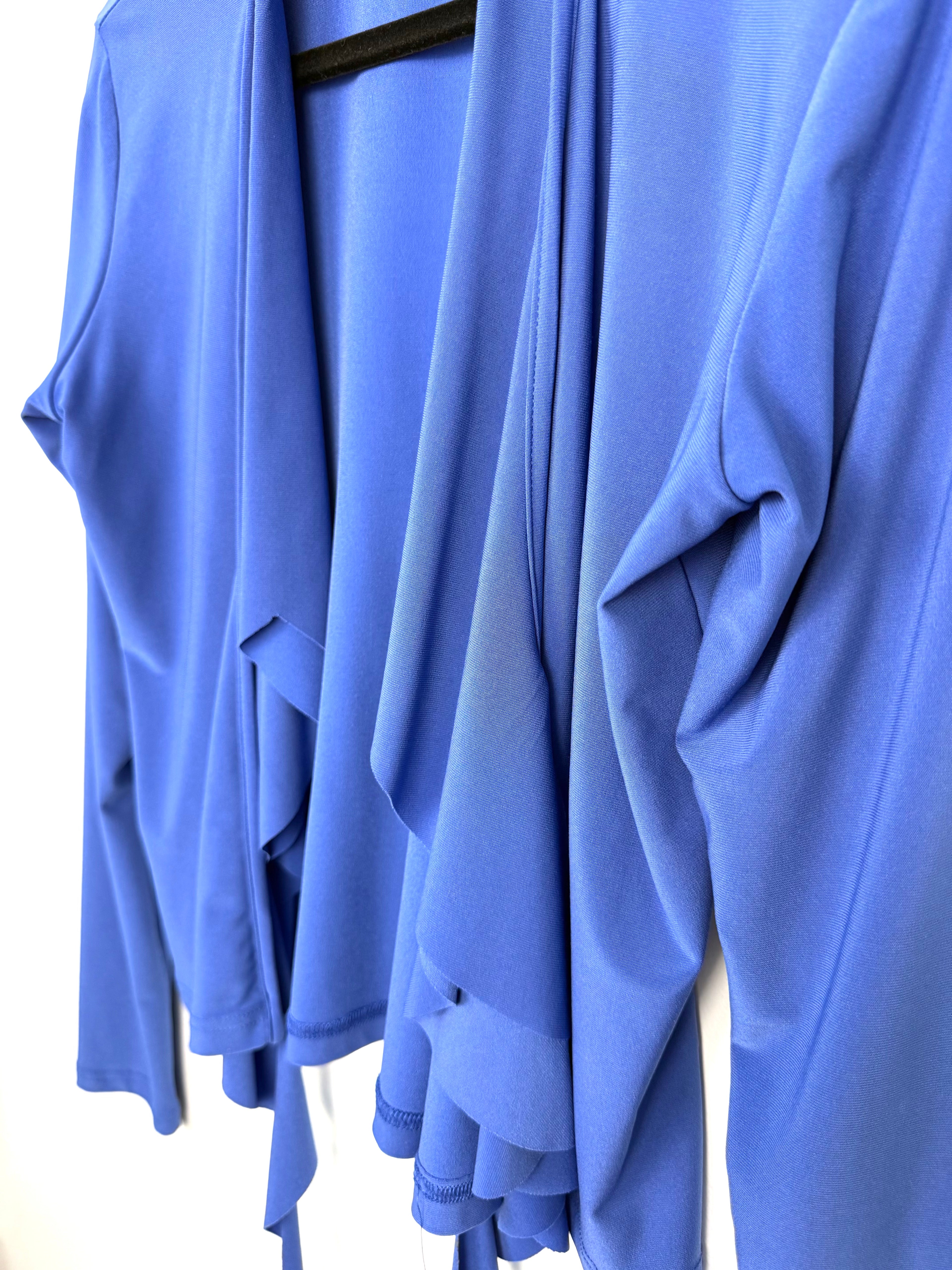 front flow of Sympli Made in Canada Waterfall Cardigan — Periwinkle Blue | Ruffle Front | Travel Wear | Size 8 at Blue Sparrow Shop 