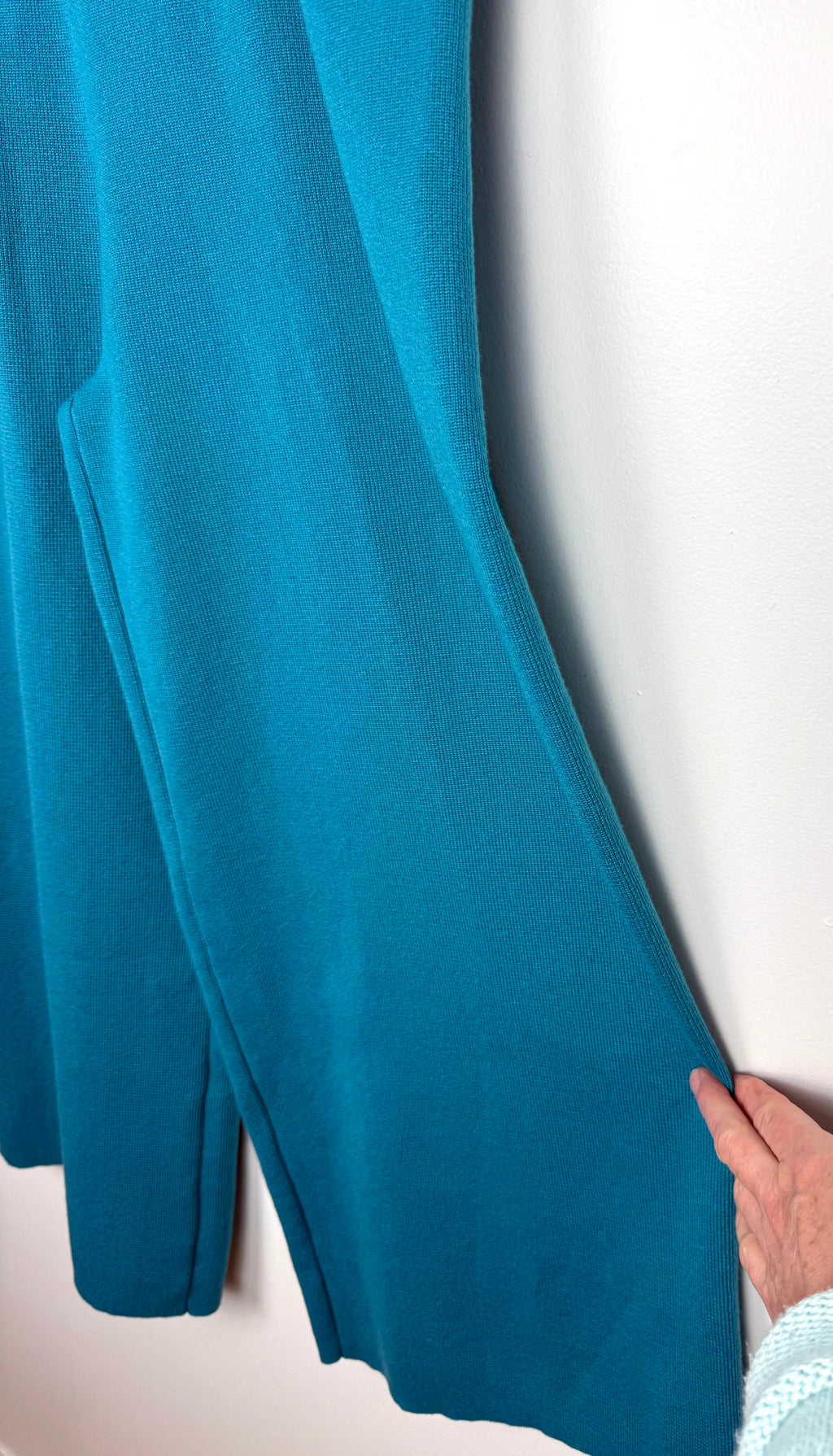 flow of pants on Teal Peacock Print 2-Piece Knit Set — Wide-Leg Pants + Draped Top, Size XL at Blue Sparrow Shop