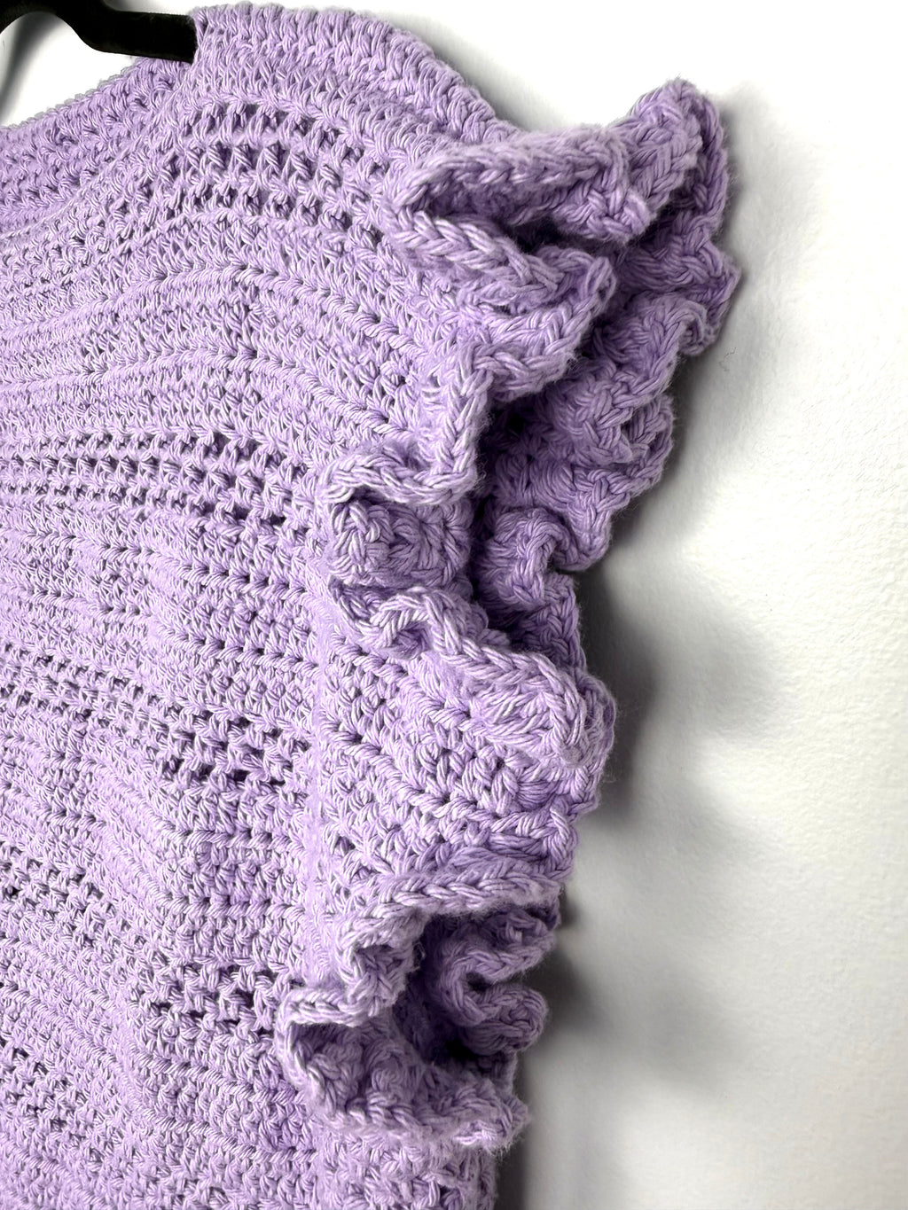flutter sleeve detail on Lavender coloured Handmade Crochet Top | Flutter Sleeve at Blue Sparrow Shop