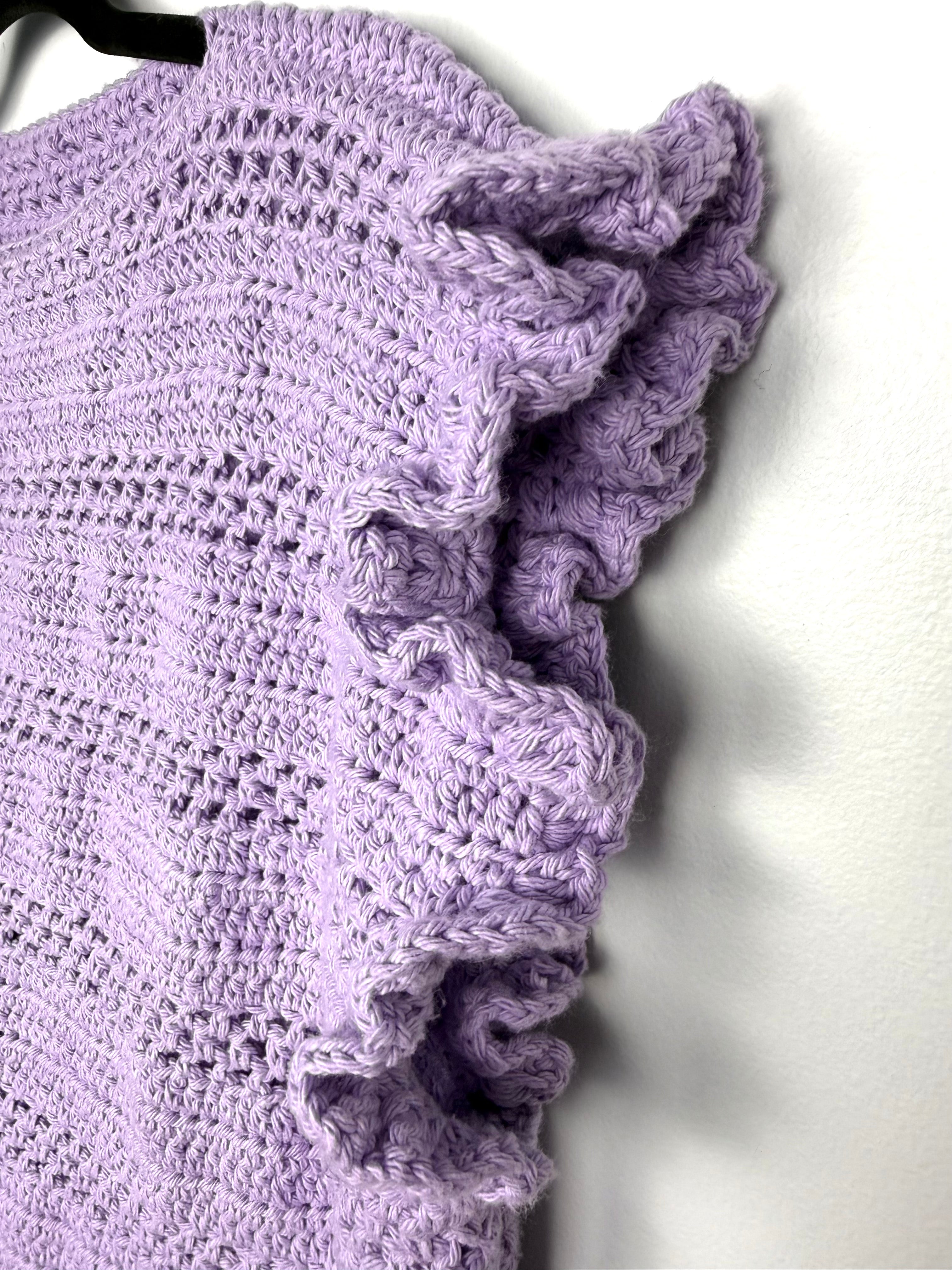 flutter sleeve detail on Lavender coloured Handmade Crochet Top | Flutter Sleeve at Blue Sparrow Shop