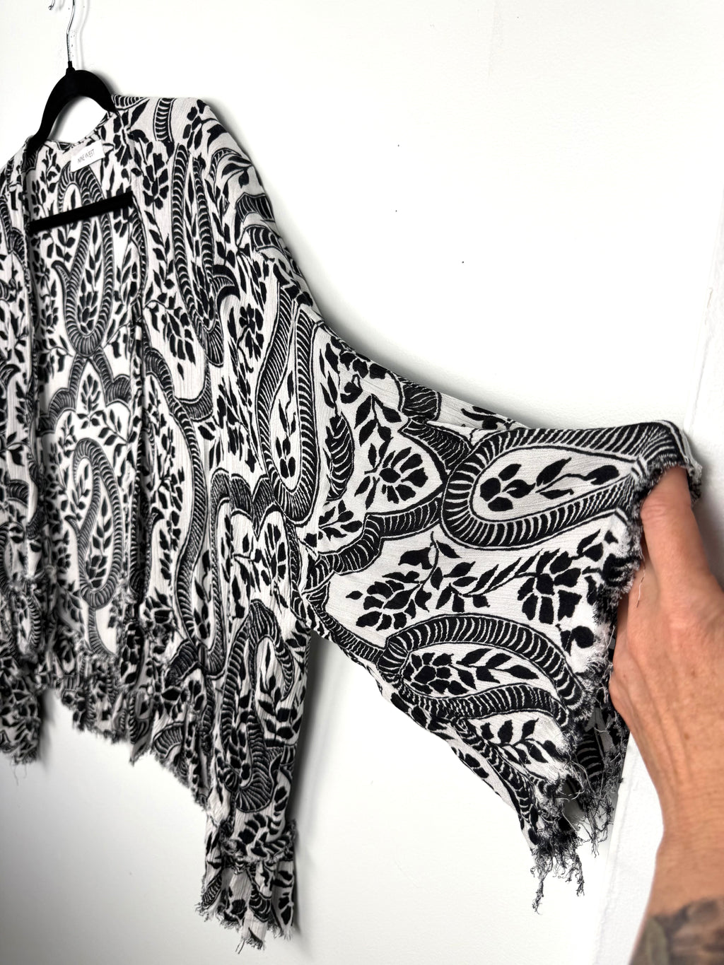 flutter sleeve detail on Nine West Paisley Kimono Cardigan | Boho Layering Piece | Resort Wear Cover Up at Blue Sparrow Shop