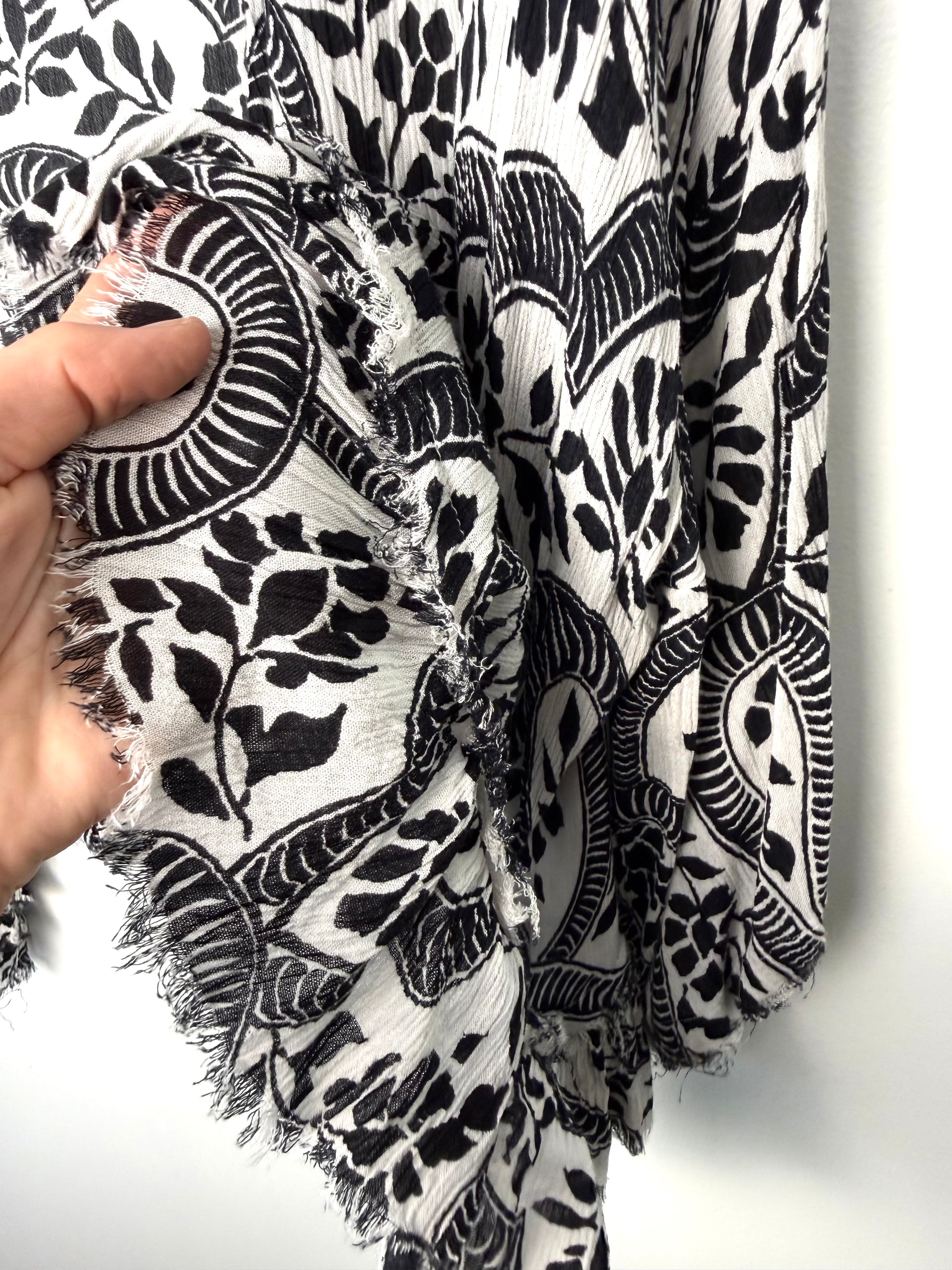 frayed edges on hem of Nine West Paisley Kimono Cardigan | Boho Layering Piece | Resort Wear Cover Up at Blue Sparrow Shop 