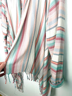 fringe detail on Cotton Blend Striped Fringe Waterfall Cardigan — Dusty Rose, Sage & Cream | Natural Reflections | Size 1X at Blue Sparrow Shop