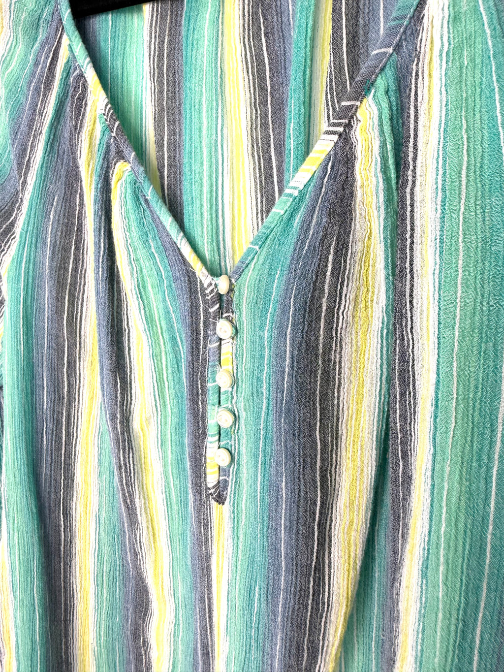 front button detail on Chaps Denim 100% Cotton Stripe Peasant Blouse — Teal, Sage and Yellow | 3/4 Sleeve | Size M at Blue Sparrow Shop