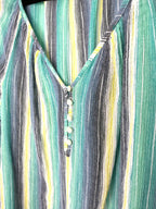 front button detail on Chaps Denim 100% Cotton Stripe Peasant Blouse — Teal, Sage and Yellow | 3/4 Sleeve | Size M at Blue Sparrow Shop