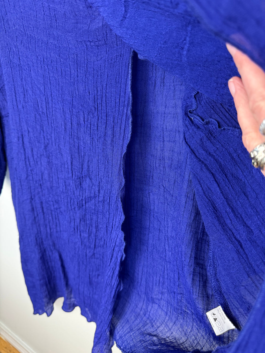 front draped detail on Red Coral Royal Blue Asymmetrical Tunic Top 
