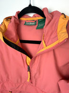 front hood detail on LL Bean anorak jacket in coral and orange 