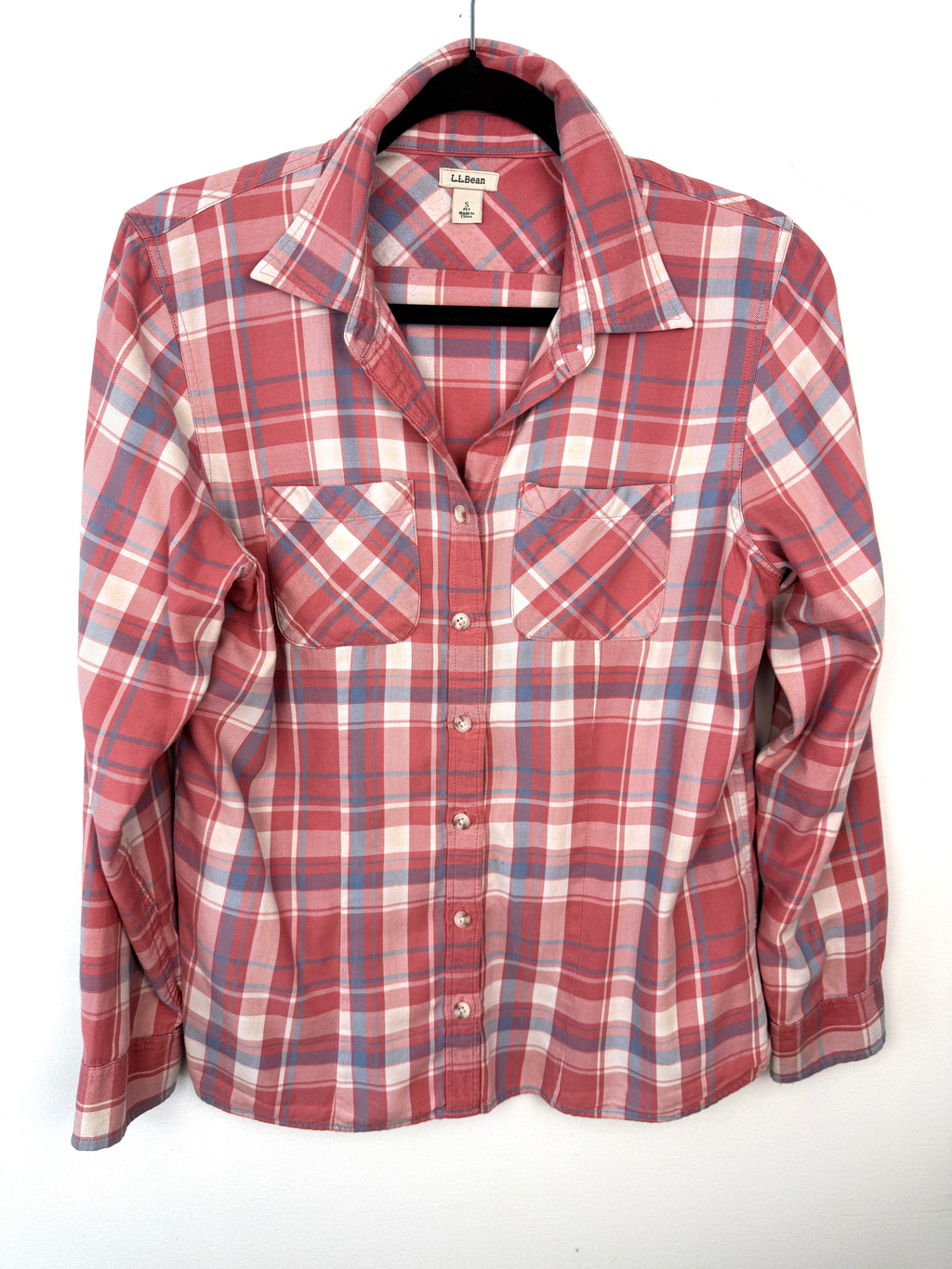 front of 100% Cotton LL Bean Plaid Shirt | Size S on hanger