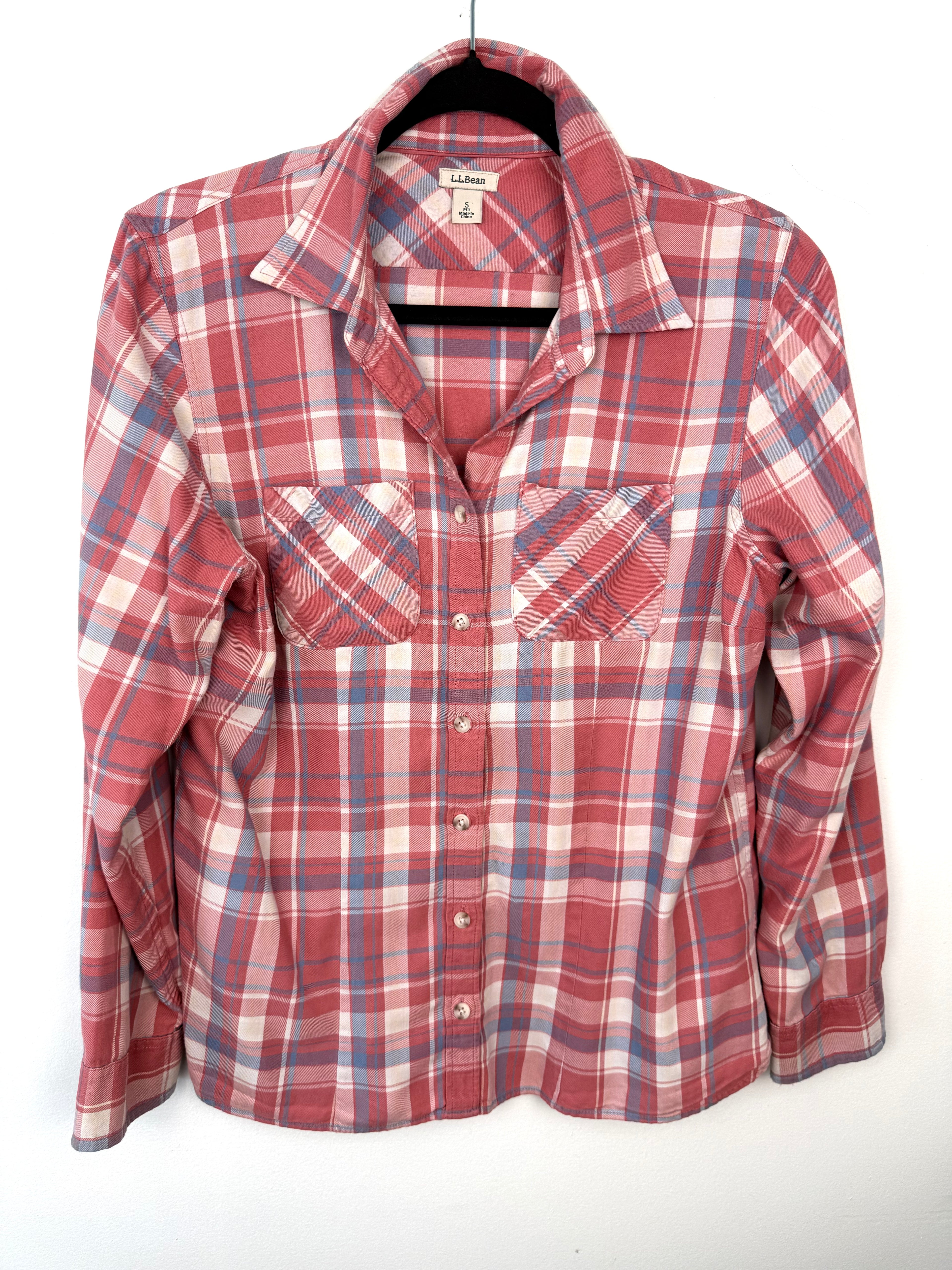 front of 100% Cotton LL Bean Plaid Shirt | Size S on hanger