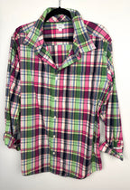 front of 100% Cotton Plaid Button-Up Oversized Boyfriend Shirt | Gymboree | Size L at Blue Sparrow Shop on hanger