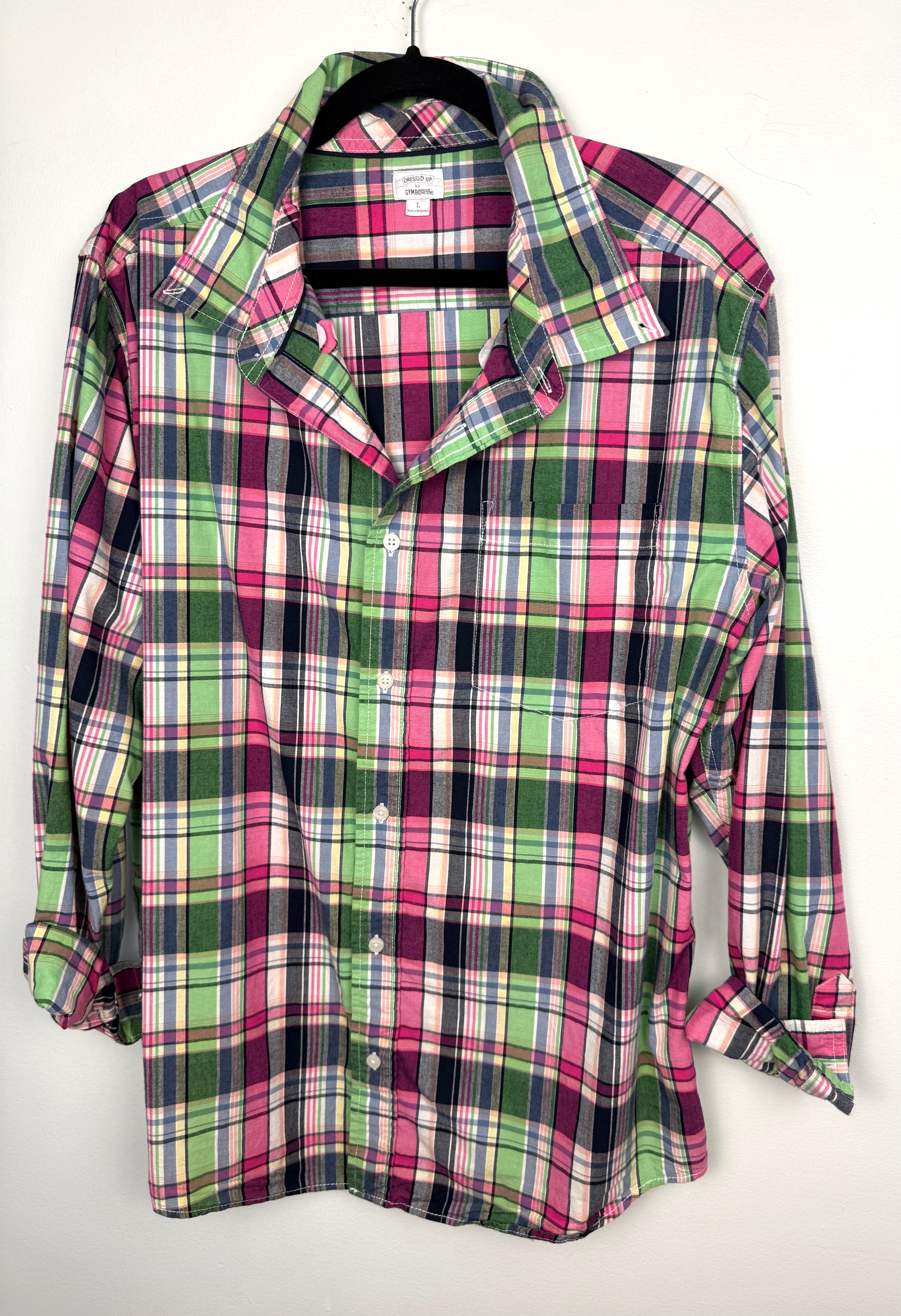 front of 100% Cotton Plaid Button-Up Oversized Boyfriend Shirt | Gymboree | Size L at Blue Sparrow Shop on hanger