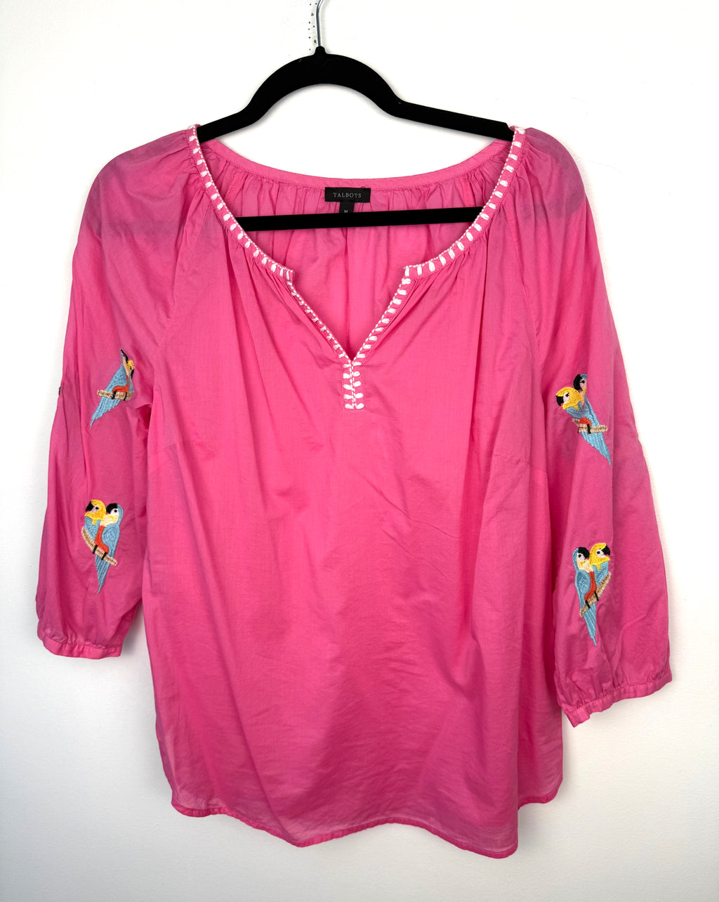 front of 100% Cotton Talbots Embroidered Parrot Top| Size M at Blue Sparrow Shop on hanger