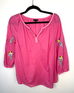 front of 100% Cotton Talbots Embroidered Parrot Top| Size M at Blue Sparrow Shop on hanger