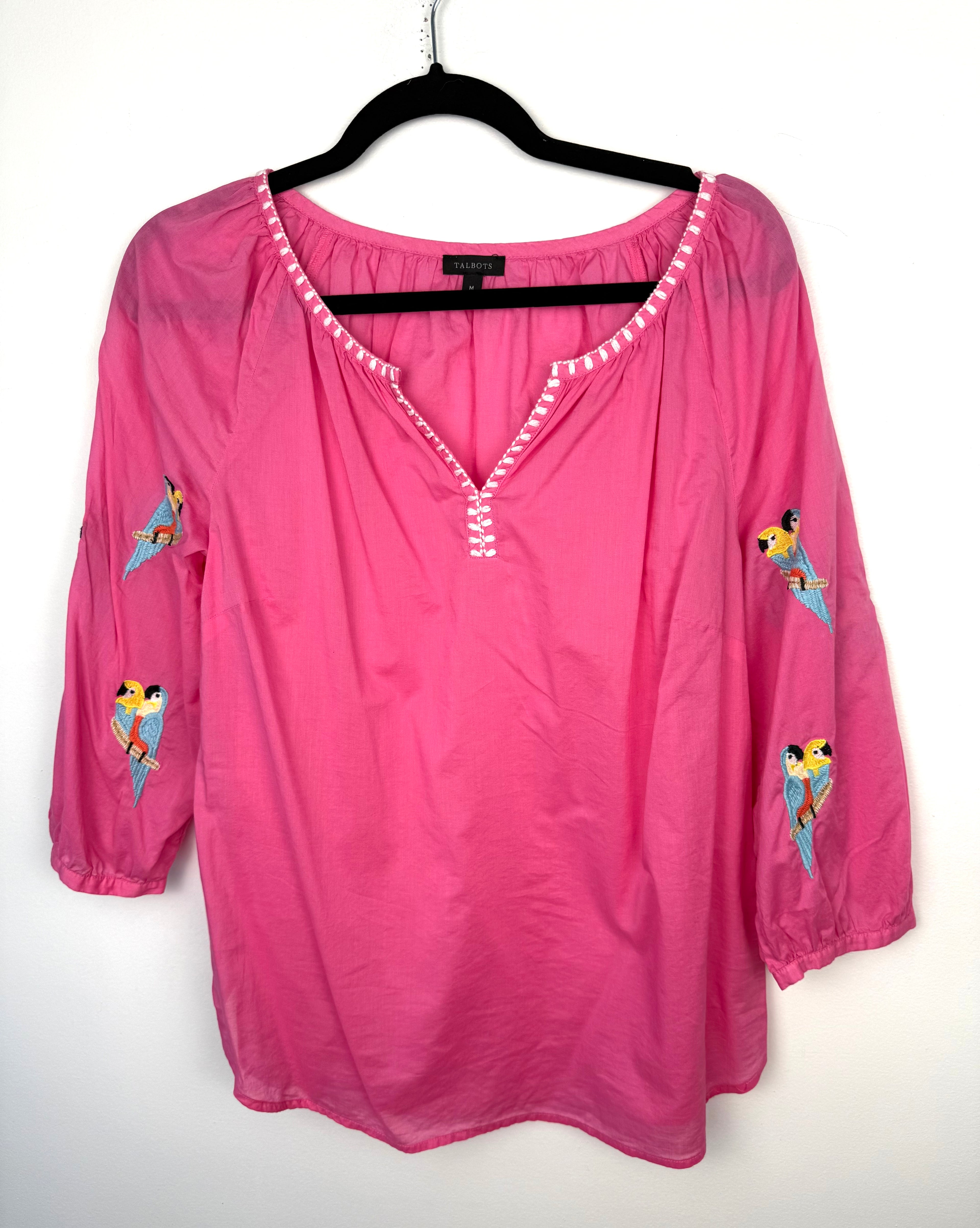 front of 100% Cotton Talbots Embroidered Parrot Top| Size M at Blue Sparrow Shop on hanger