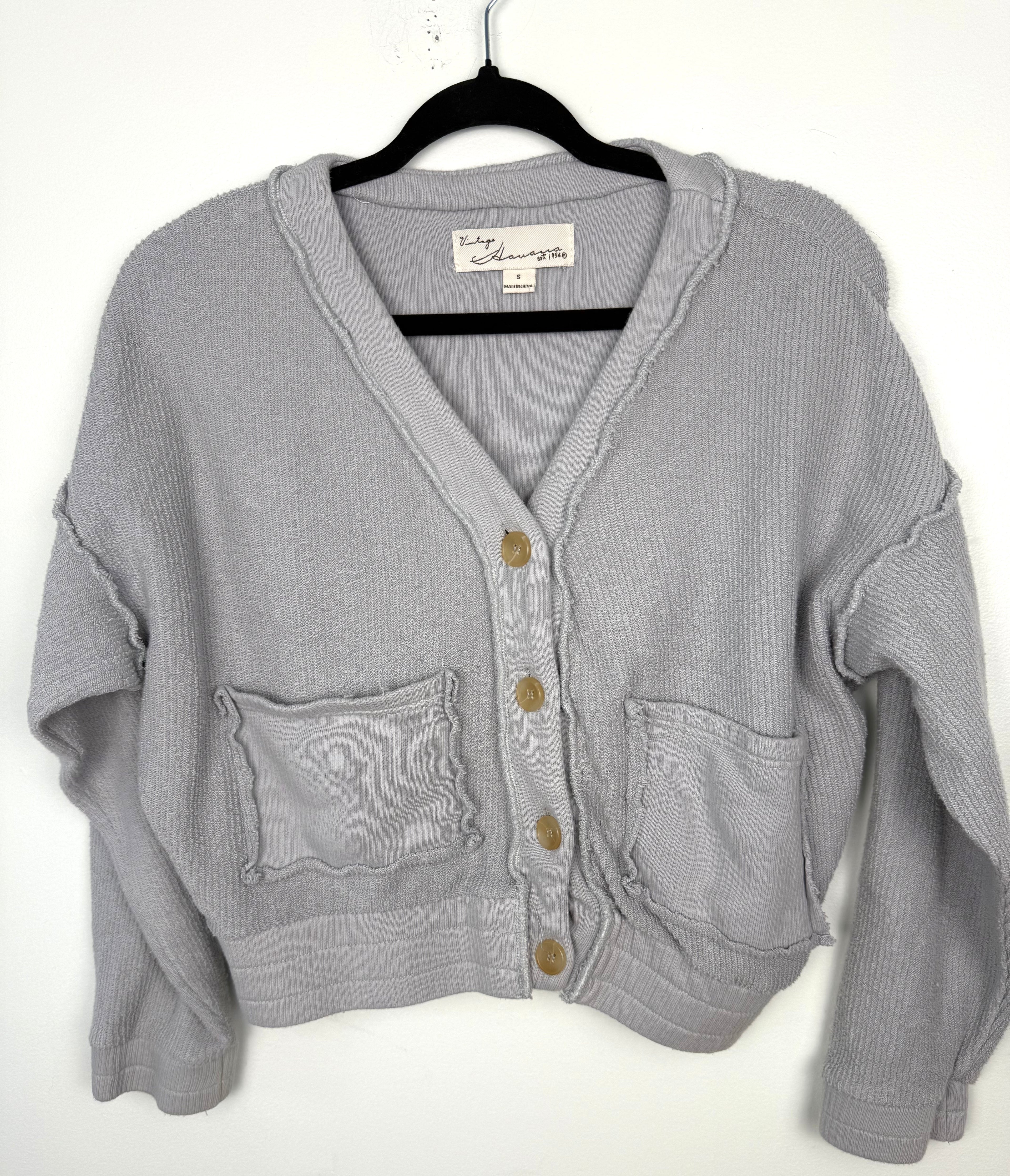 front of 100% Cotton Vintage Havana Cropped Cardigan | Size S at Blue Sparrow Shop  on hanger