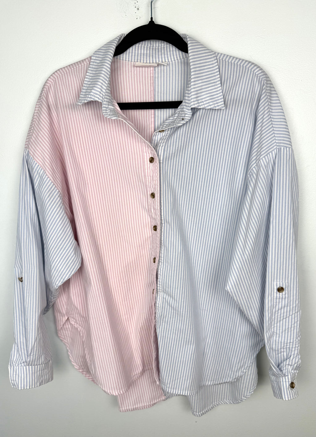 front of 97% Cotton Y2K 80s Striped Oversized Shirt | Size L at Blue Sparrow Shop on hanger