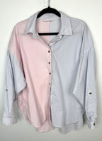 front of 97% Cotton Y2K 80s Striped Oversized Shirt | Size L at Blue Sparrow Shop on hanger