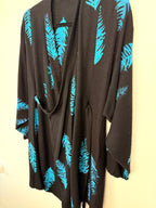 front of Black & Turquoise Feather Print One-Size Wrap Kimono Jacket