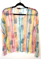 front of Charlie B Sheer Watercolour Stripe Long Sleeve Top — Rainbow Pastel | Mesh Overlay | Size XS Petite at Blue Sparrow Shop on hanger