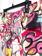 front of Cotton Abstract Print Belted Skort – Colourful Graphic Print Skort – Size L at Blue Sparrow Shop on hanger
