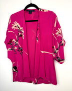 front of French Connection Floral Kimono | Romantic Boho Layering Piece at Blue Sparrow Shop on hanger