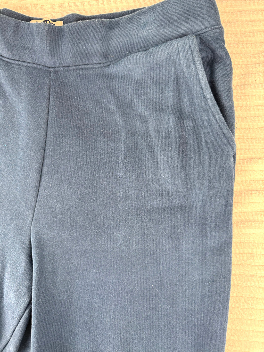 front of Lands' End Serious Sweats — Navy Rainbow Tie-Dye Joggers, Size M  at Blue Sparrow Shop showing possible discolouration