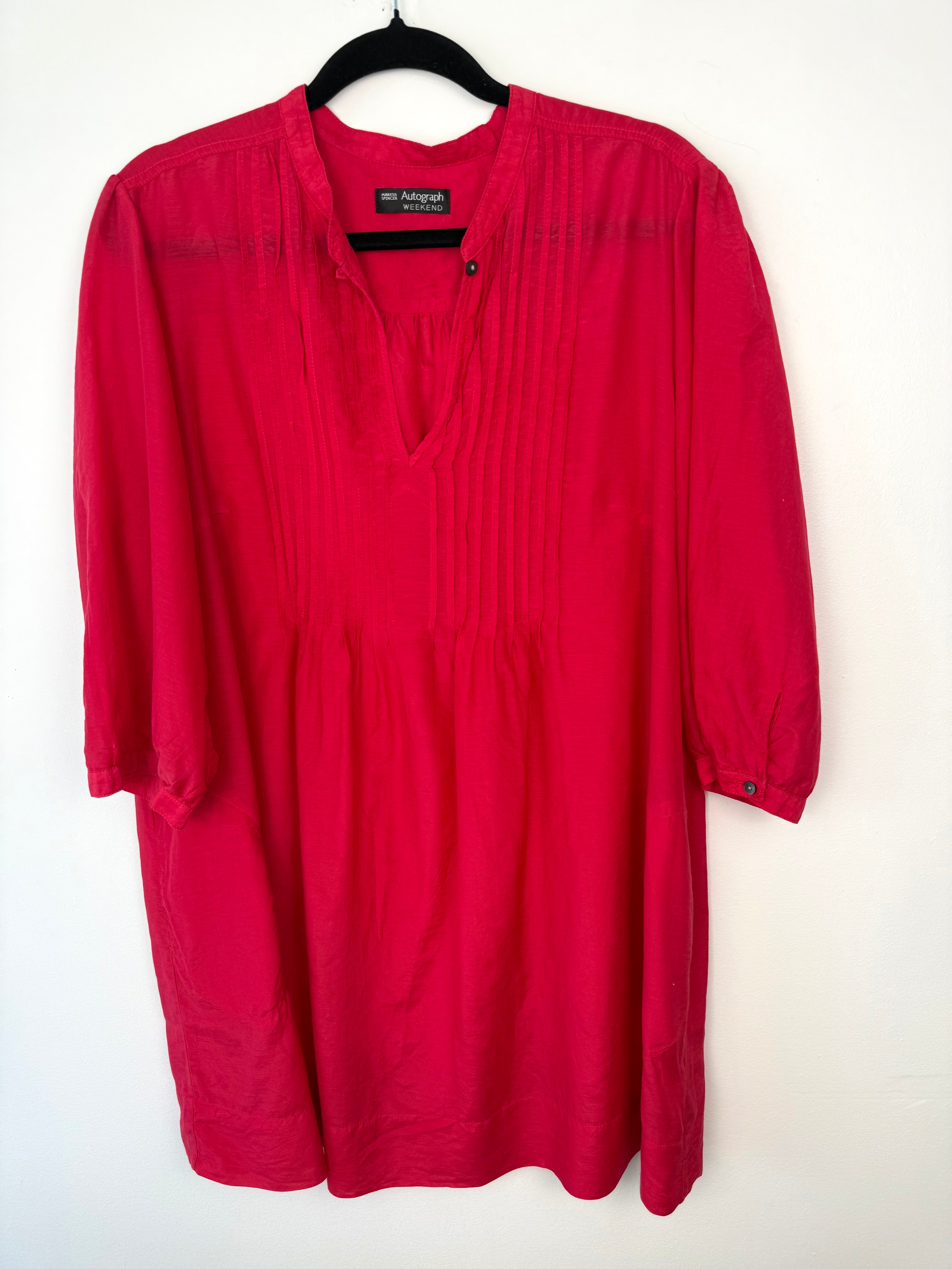 front of Marks & Spencer Autograph Cotton Silk Pintuck Tunic — Cyclamen Pink | 3/4 Sleeve | UK 20 (CDN 2X/18-20) at Blue Sparrow Shop  on hanger