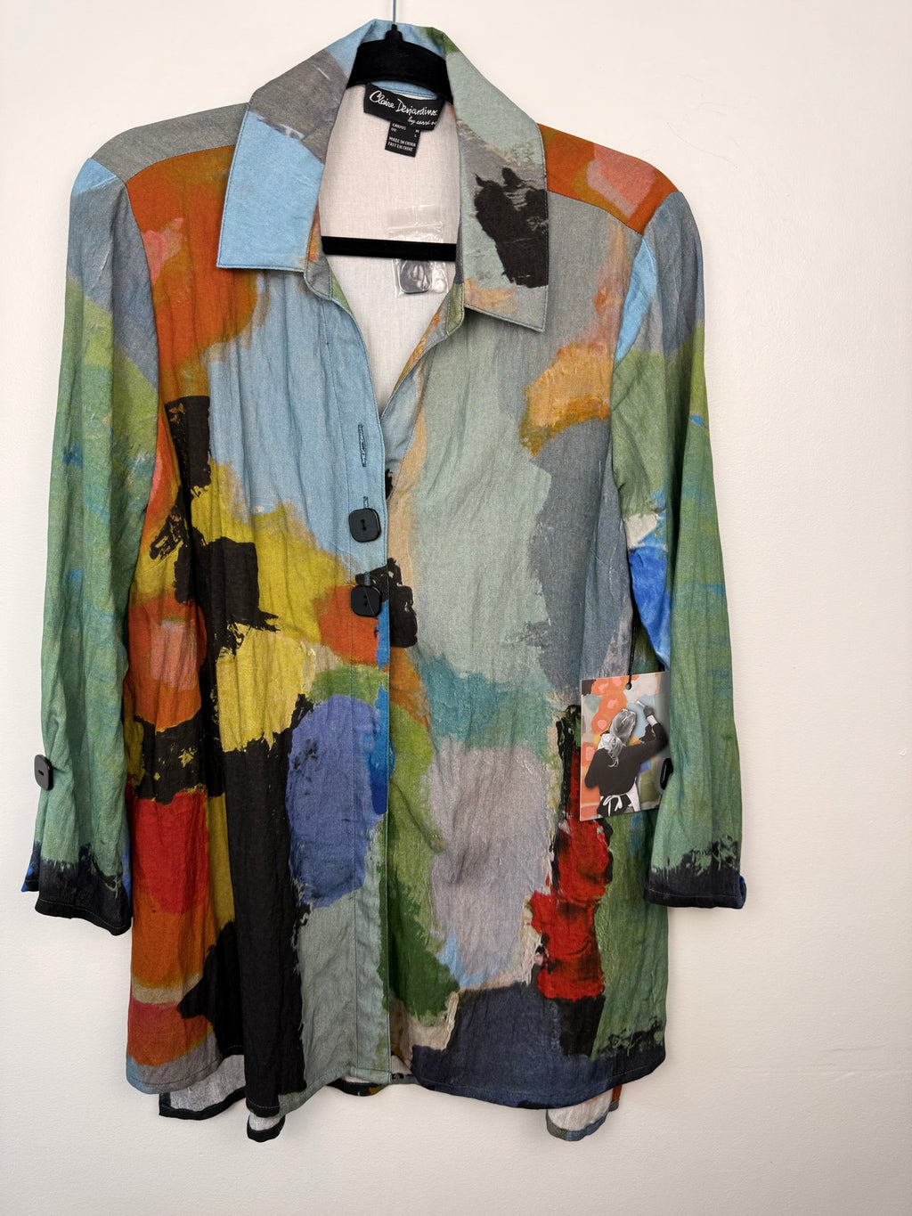front of NWT Claire Desjardin 'In The City' Shirt | Size M on hanger