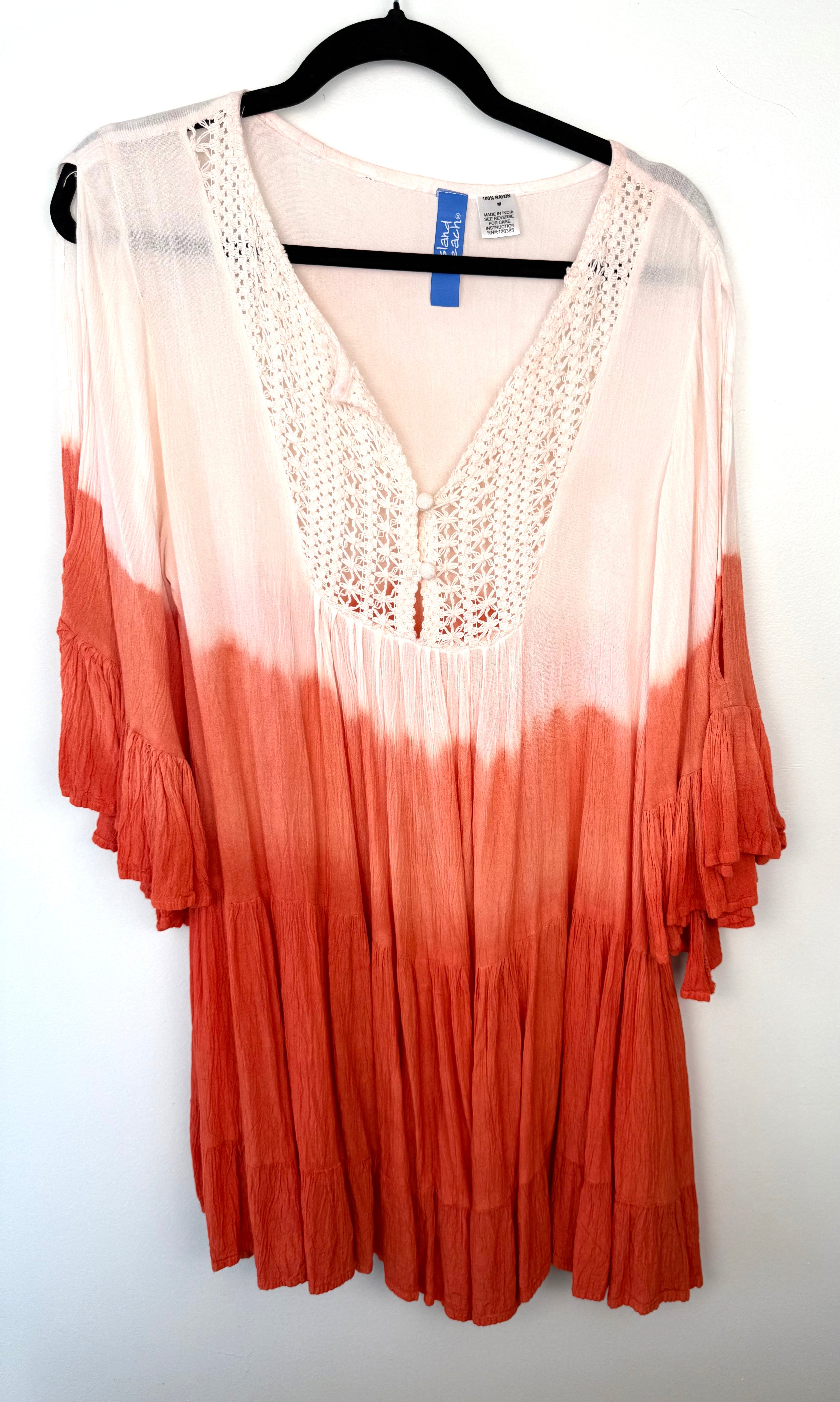 zoomed out front of Ombre Boho Tunic Dress - 100% Rayon with Crochet Detail Size Medium at Blue Sparrow Shop on hanger