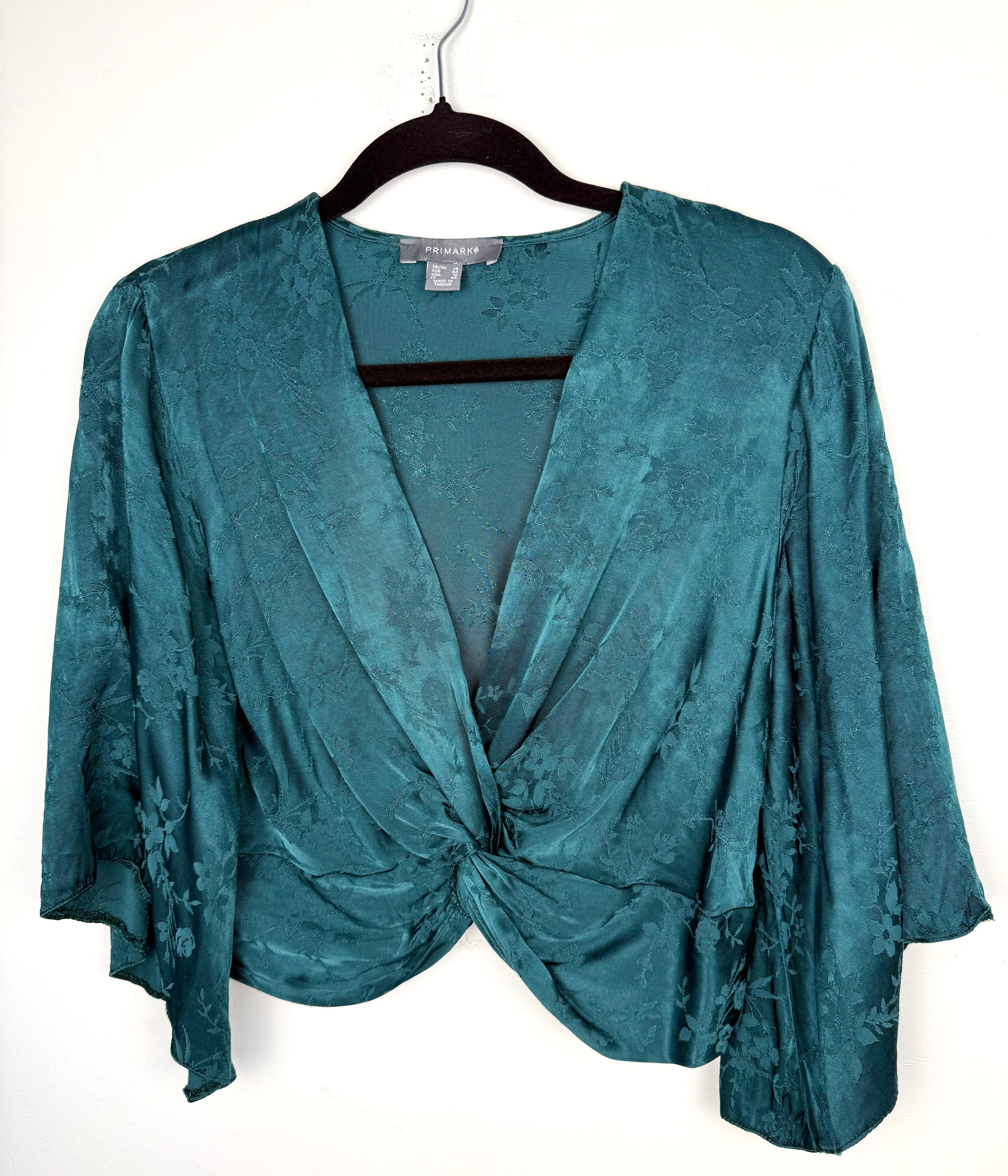 front of  PRIMARK Jacquard Twist Front Crop Top | Size S at Blue Sparrow SHop on hanger
