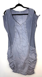 front of Resale Ruched Pocket Cold Shoulder Tunic Dress  at Blue Sparrow Shop on hanger